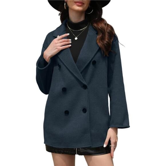 Women Wool Coat Double Breasted Dark Blue